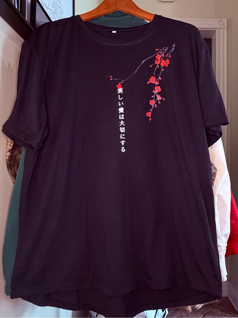 Japanese Cherry Blossom Graphic Tee Black XL Curved Hem Streetwear